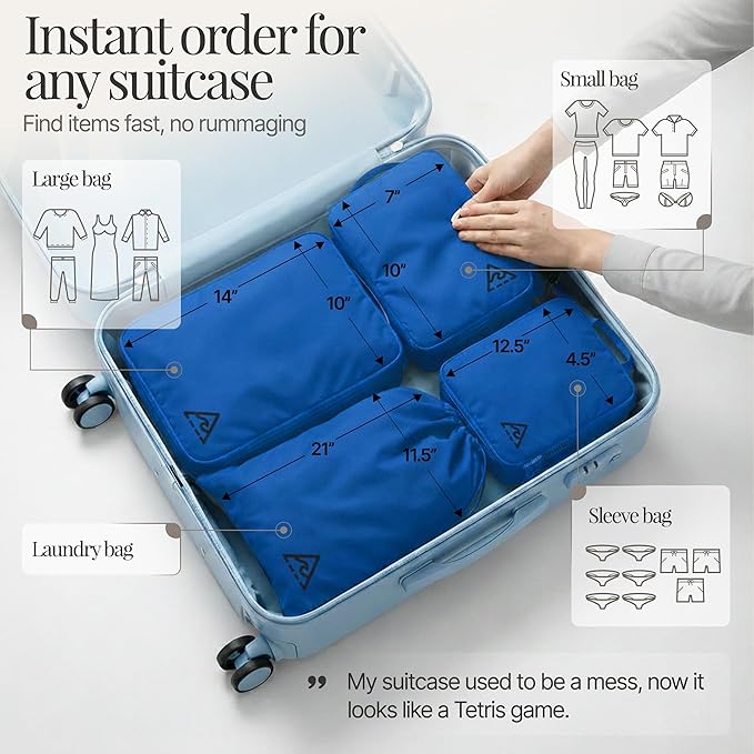 Well Traveled 8 pcs Compression Packing Bags Cubes Set with HybridMax Double-Capacity Design - Packing Cubes for Travel Compression to Maximize Limited Luggage Space, Blue