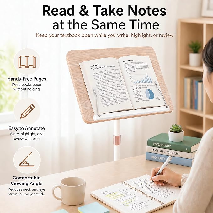 Rolling Floor Book Stand with Wheels, Reading Stand Book Holder | 16.5 x 11.8 in large panel | 19–57 in height adjustable| 360° angle | Lockable wheels | For books, sheet music, laptop