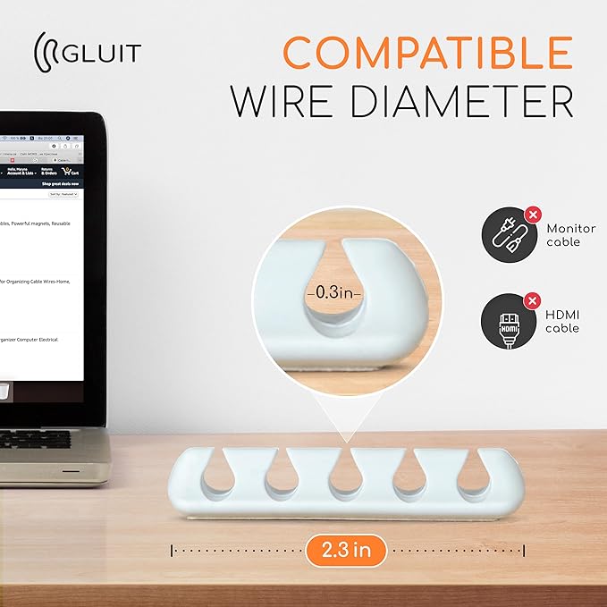 GLUIT Cord Organizer for Desk, Cable Holder for Nightstand, Charger Organizer, Adhesive Desktop Wire Clips, Multislot Cable Management, Table Organizer Accessories - 5 Pack, 15 Slots, White