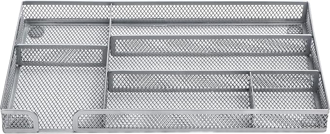 Annova Desk Drawer Organizer Tray for Office Organization - Metal Mesh - Storage Tray with Dividers for Pens, Desktop Accessories, Bathroom, Kitchen, Makeup and Office Supplies (Small, Silver)