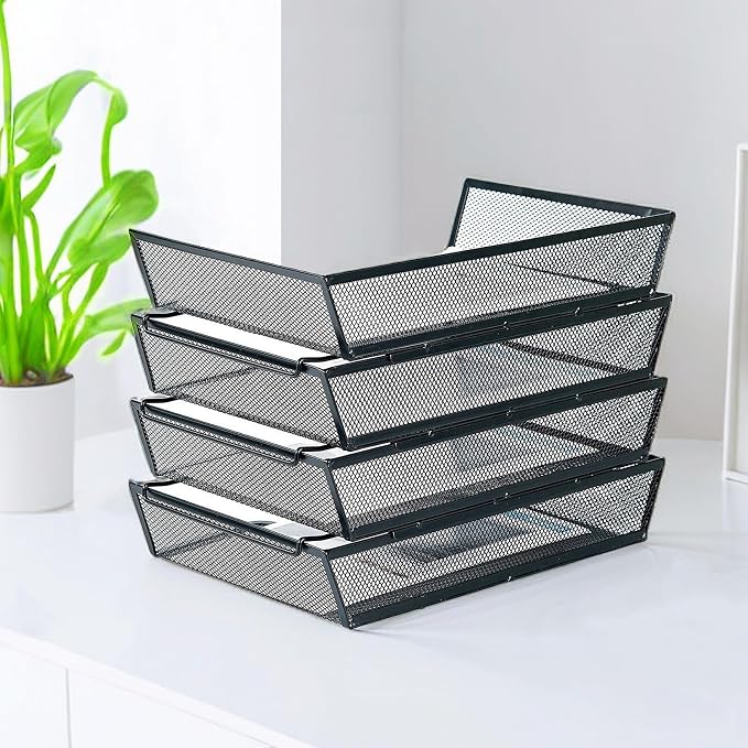 SETTFRFE 4 Tier Metal Letter Tray Desk Organizer-Stackable Paper Tray,Black | Desk Tray Organizer with Reinforced Edges,Stackable File Trays Organizers and Storage System for Office,School,Home
