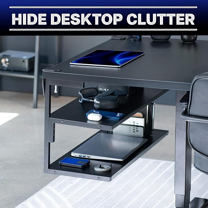 VIVO Clamp-on 30 inch Above or Below Desk 2-Tier Shelving Unit for Table Accessories, Gaming Devices, and More, Storage Tray, Desktop Organizer, Black, STAND-SHELF30C