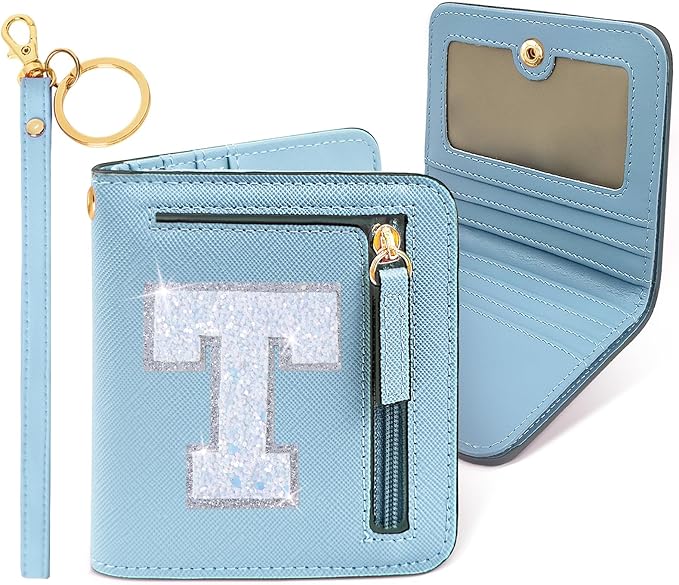 COSHAYSOO Small Wallet for Women Teenager Girl Personalized Initial Gift Preppy Letter Monogrammed Patch Mini Purse Waterproof for Travel Credit ID Cards Cash Holder Novelty Organizer Blue T