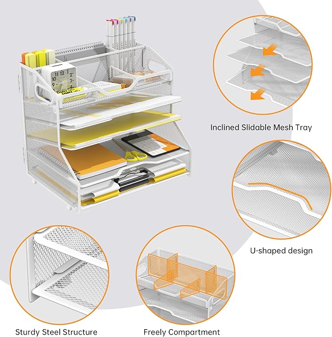 YINGHUA 5 Tier Paper Tray Letter Organizer with Top 6 Adjustable Compartments - Paper Sorter Office Desktop Accessories with Handles for Document,Mail,School Supplies Storage,White