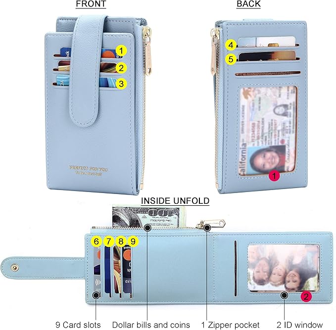 Badiya Slim Women Wallet RFID Blocking Bifold Compact 9 Card Slots Holder Wallets Soft Leather with Zipper Coin Pocket 2 ID Window