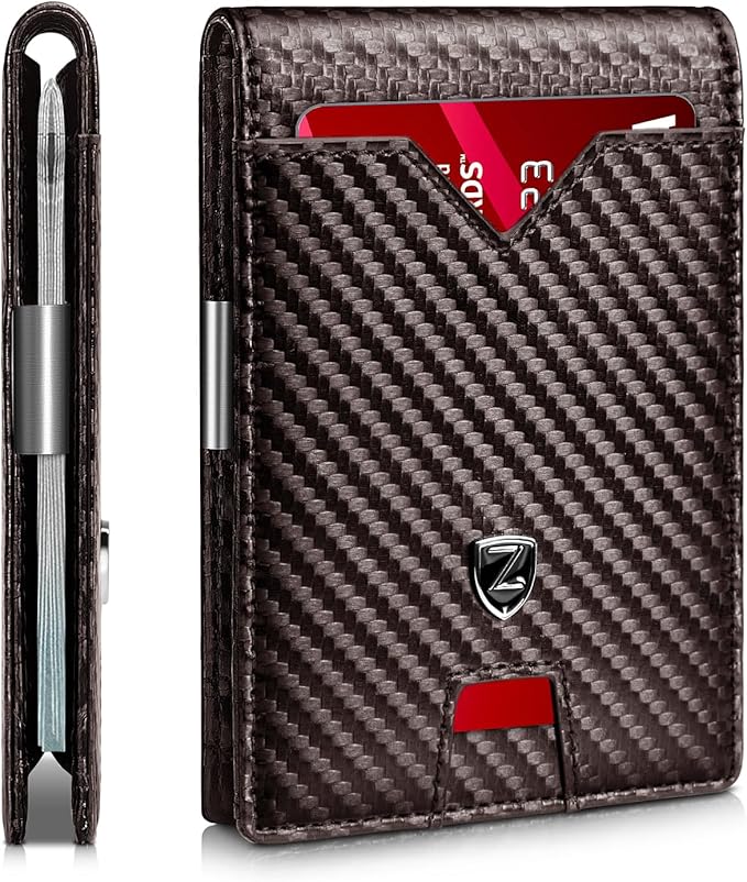 Zitahli Slim Wallet for Men with Money Clip, Minimalist Front Pocket RFID Blocking Leather Wallets Bifold Credit Card Holder, 11 Card Slots and ID Window with Gift Box
