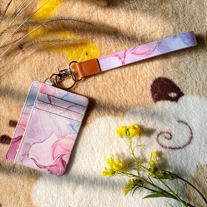 Coco Rossi Slim Front Pocket Wallet RFID ID Card Holder Cute Small Wallet with Wrist Lanyards Key Chain Holder for Women,Pink Marble
