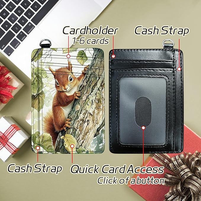 Small Travel Wallets, Squirrel Slim Minimalist Front Pocket Wallet with Wristlet, RFID Blocking PU Leather Credit Card Holder with ID Window Change Purse for Men Women