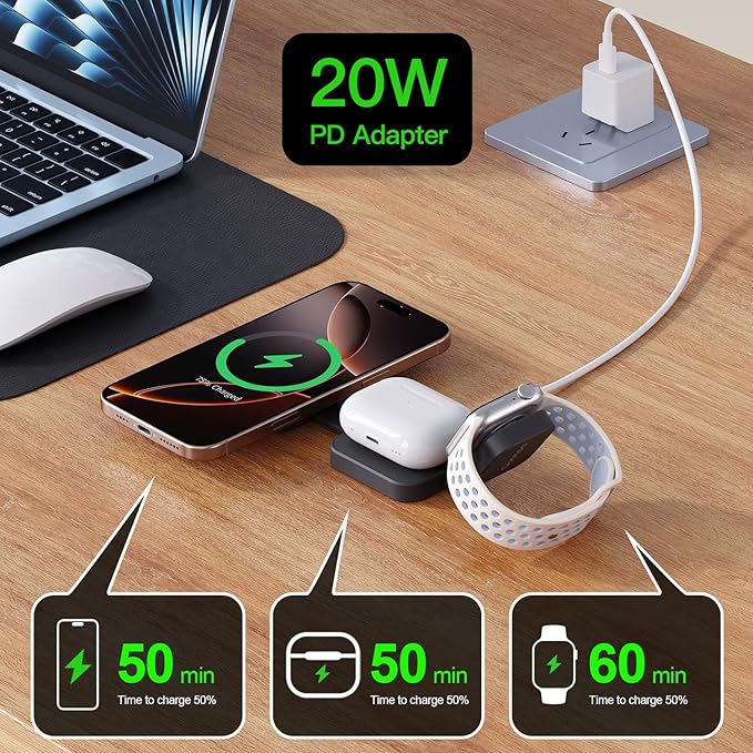 2026 for iPhone 16 Pro Max 3 in 1 Foldable Wireless Charging Station for MagSafe Magnetic Charger, Travel Stand 20W Charge Multiple Devices for iPhone 16/15/14/12/11/X-Apple iWatch Ultra/SE AirPods