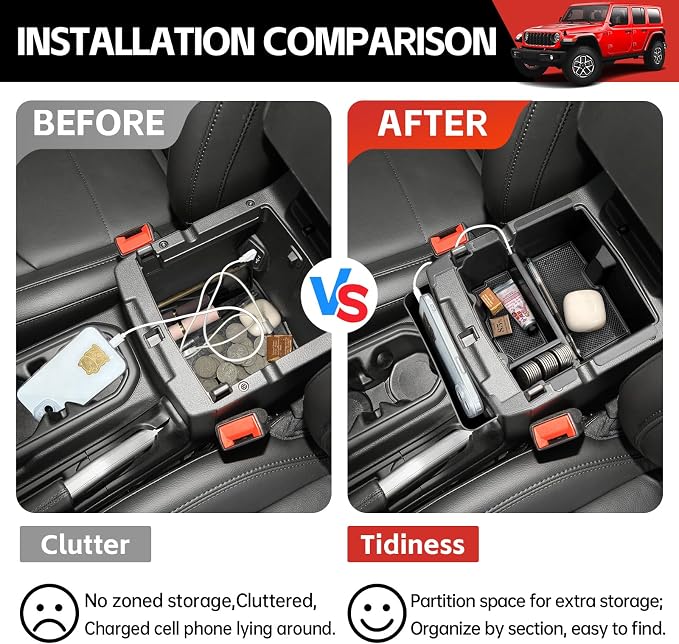 Center Console Hanging Organizer for 2018-2025 Jeep Wrangler JL JLU 4XE/Gladiator JT Center Console Armrest Box Storage Tray for Wrangler&Gladiator(Hanging+Center Console Armrest Organizer)