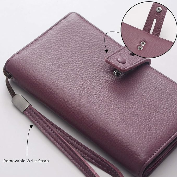 Bveyzi Women's Big Fat Rfid Leather Wristlet Wallet Organizer Large Phone Checkbook Holder with Zipper Pocket (Purple)