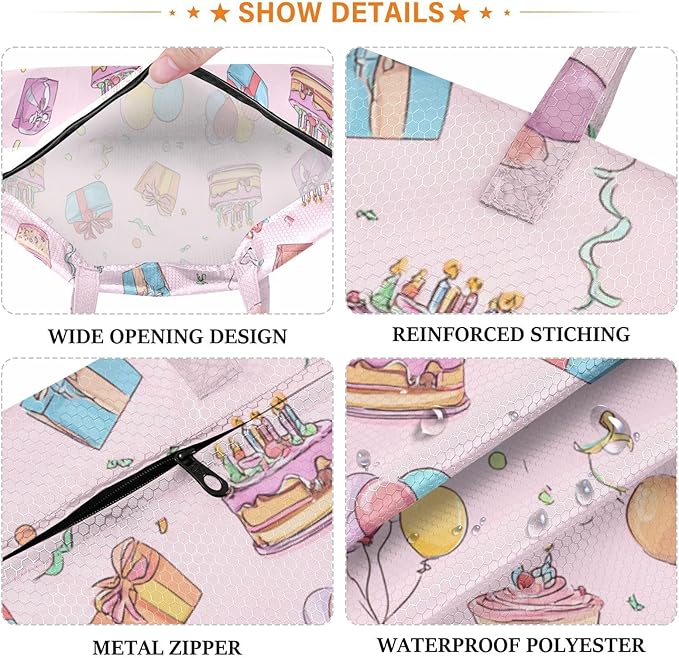 Travel Laundry Bags 2 PC Wet Dry Bag with Handle Dirty Clothes Organizer for Swimsuits Beach Camping Waterproof Washable Birthday Pink Cakes Balloons Ribbons