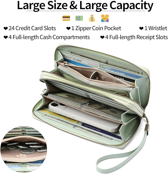 GAEKEAO Wallet for Women Clutch RFID Blocking Wristlet Leather Purse Large Capacity Credit Card Holder with Grip Hand Strap