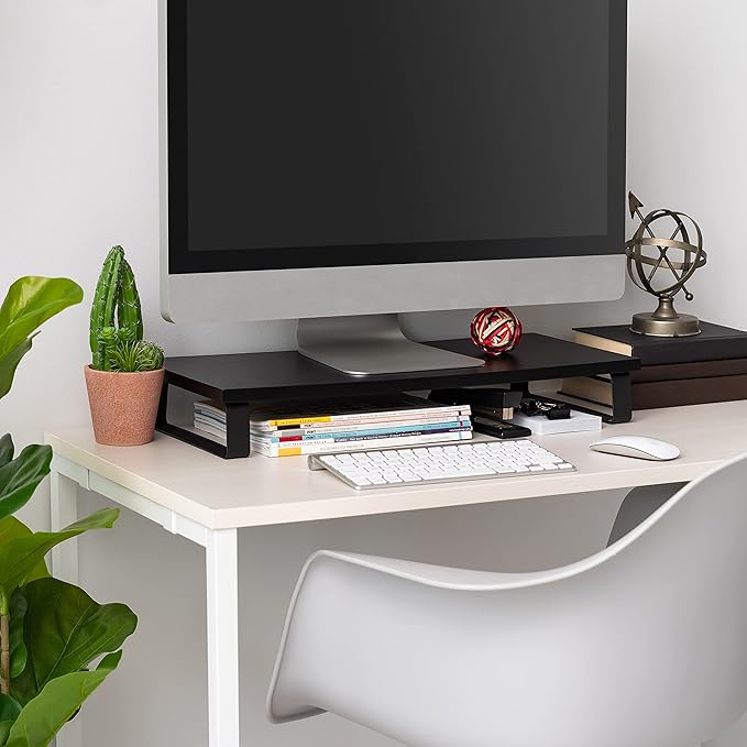 IRIS USA 1-Tier Multi-Purpose Modern PC Monitor Organizer Stand with Metal Legs, Ergonomic Desktop and Countertop Riser for Computer Laptop TV Kitchen Pantry and Closet Organization, Black