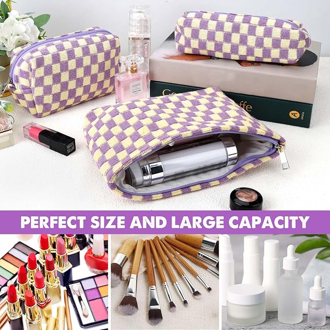 3 Pcs Makeup Bag Checkered Cosmetic Bag Large Capacity Traveling Toiletry Pounch Organizer Cute Makeup Brushes Aesthetic Accessories Storage Bag for Girls Women (Purple-White)