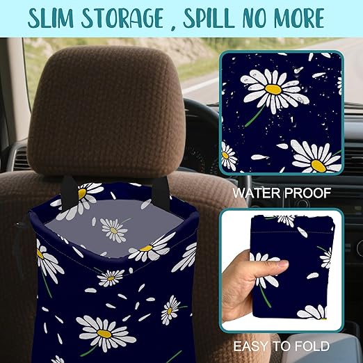 Car Garbage Bag Colorful Floral Spring Daisy Drawstring Car Trash Bag Hanging for Back Seat with Adjustable Buckle Canvas Vehicle Trash Can Easy-to-Install