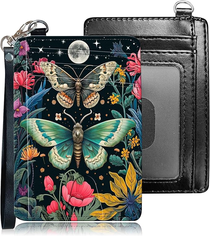 Slim RFID Blocking Card Holder Wallet with Wrist Strap - Minimalist Front Pocket Wallet, Moth Flower 02 Design, PU Leathe, for Men & Women, Ideal for Travel & Gifts