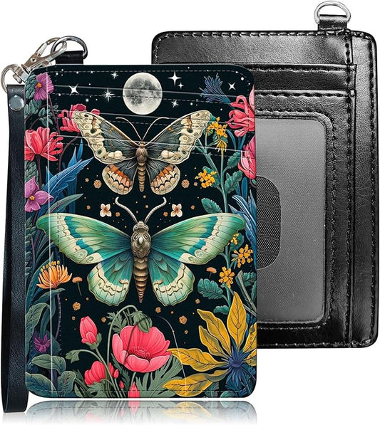 Slim RFID Blocking Card Holder Wallet with Wrist Strap - Minimalist Front Pocket Wallet, Moth Flower 02 Design, PU Leathe, for Men & Women, Ideal for Travel & Gifts