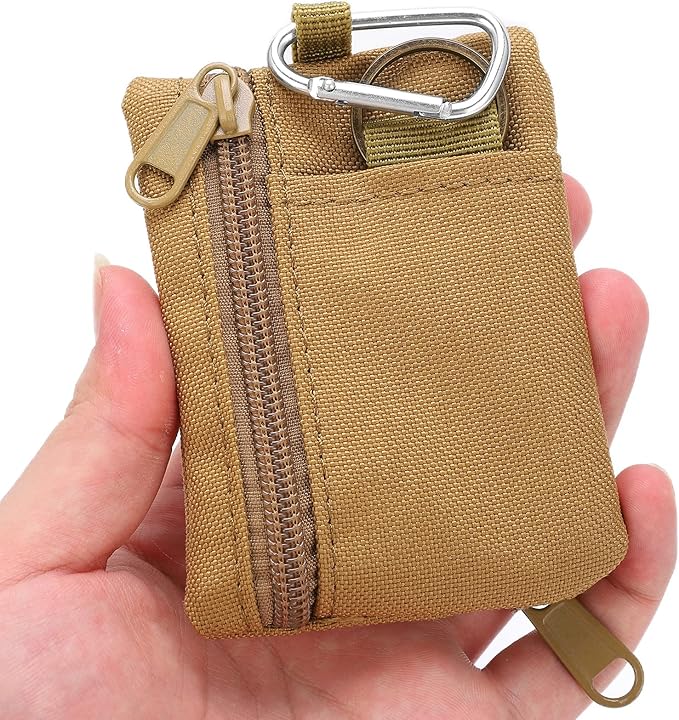 EDC Pocket Pouch, Mini Molle Pouch Wallet Tactical Keychain Pouches Multi Function Carabiner Gadget Utility Organizer Key Card Case Zipper Portable Military Outdoor Bag Tactics Waist(Brown)