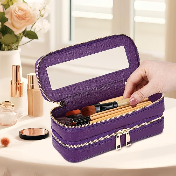 Pinkmik Double Layer Makeup Bag Makeup Brush Case Waterproof Travel Cosmetic & Toiletry Bag Purse Organizer and Car Essentials for Women (Purple, Double SLIM)