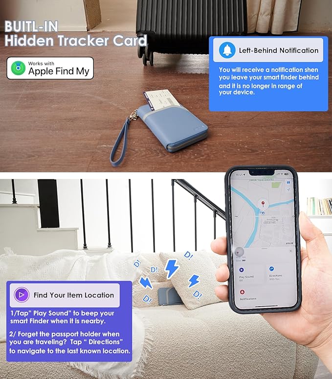 Nova RFID Blocking Passport Holder w/Hidden AirTag Trackable Card, Women Passport Wallet For Travel, Large Organzier For 2 Passports,Cash w/zipper & Wrist Lanyard（Blue）