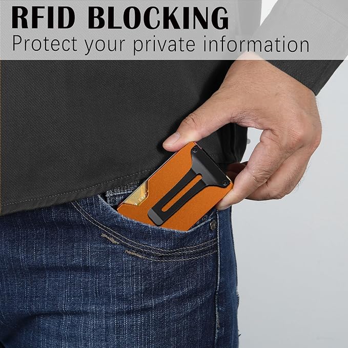 Slim Wallet for Men,RFID Blocking Minimalist Metal Wallet, Money Clip/Cash Holder, Front Pocket Aluminum Credit Card Holder, Ideal Gift for Men-Matte Orange