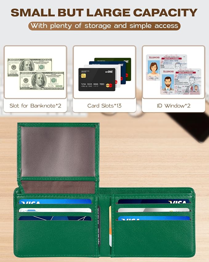 GNDR Wallet For Men Bifold Green RFID Blocking Slim Faux Leather Wallets Card Holder Front Pocket Minimalist Men Accessories With Gift Box