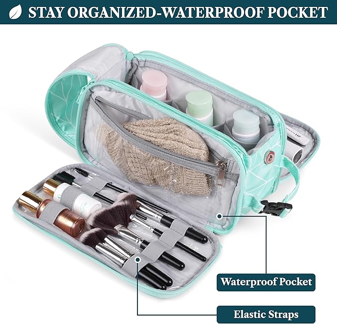 PAVILIA Toiletry Bag for Men Women, Hanging Travel Dopp Kit Organizer, PU Leather Water-Resistant Bathroom Bag for Shaving Grooming, Large Capacity Cosmetic Bag Travel Essentials, Teal Chevron