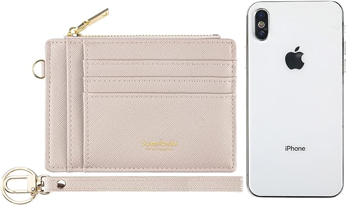 Wikavanli Women Slim Rfid Blocking Credit Card Case Holder Wristlet Zip ID Case Wallet Small Compact Leather Wallet Coin Purse with Keychain(Light Sand)