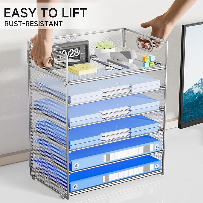 Paper Organizer for Desk with Handle, 6-Tier Silver Metal Mesh File Organizer | Stackable Desktop Organizer for Office Supplies & Home Organization