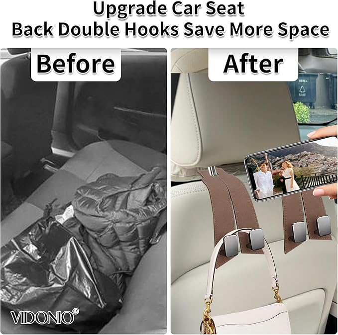 vidonio 2 Pack Double Car Seat Hooks for Headrest, Rotatable Purse Holder for Car, Premium Leather Seat Back Storage Hook for Purses, Handbags, Bags (Brown)
