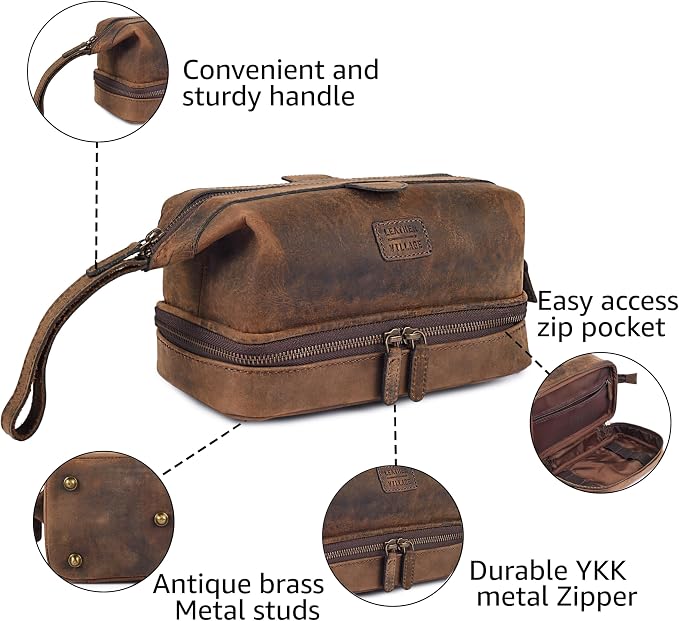 LEATHER VILLAGE Genuine Leather Dopp Kit – Large Travel Toiletry Bag with Waterproof Lining, Dual-Zip Design for Men & Women, Organizer for Shaving, Makeup & Essentials - Rustic Brown