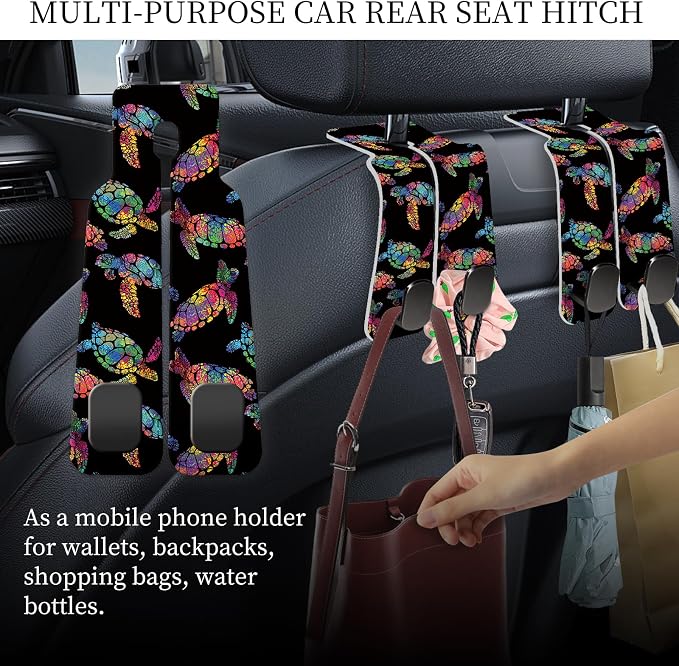 PU Leather Car Seat Hook, Storage Headrest Hanger, Cute Car Backseat Organizer, Car Hooks For Purses and Bags Rainbow Sea Turtles