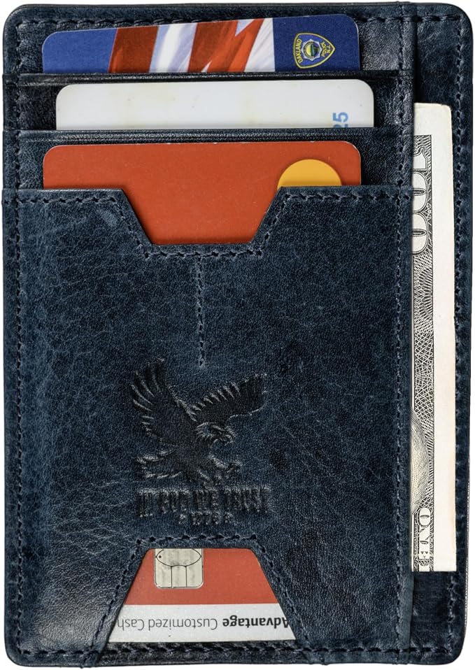 Mens RFID Blocking Leather Slim Card Case Wallet with Easy Access ID windows, Cash & Card Slots, Crafted with Premium Top Grain Leather Ideal for Travel or Everyday Use (Darkest Midnight Blue)