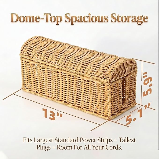 Handwoven Rattan Cable Management Box - Box to Hide Cords and Power Strip, Treasure-Box Dome-Top, Metal Baked Enamel Skeleton, Decorative Home Organizer