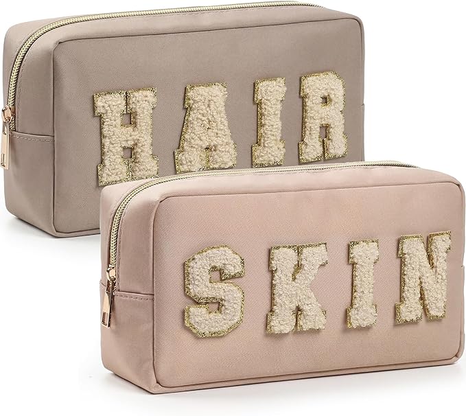 Cunno 4 Pcs Preppy Makeup Bags Chenille Letter Stuff Bag Nylon Cosmetic Pouch Cases with Zipper for Women Travel Toiletry