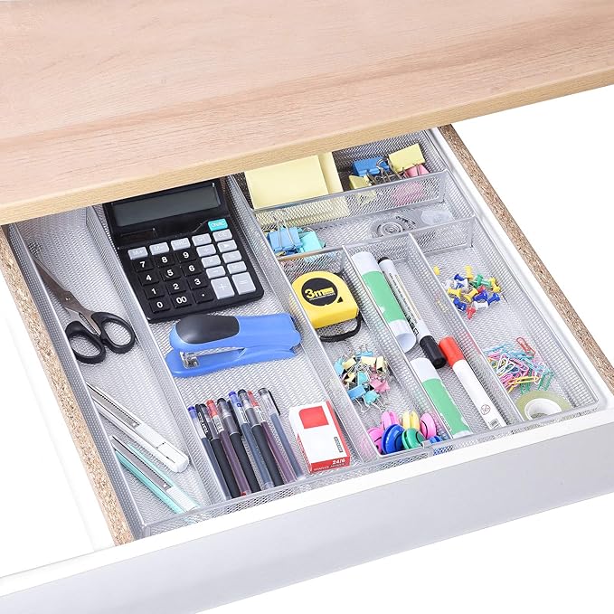 WuGeShop Expandable Office Drawer Organizer, 6 to 7 Compartments Adjustable Mesh Desk Drawer Organizer, Good Desk Organizer for Office Supplies and Art Supplies