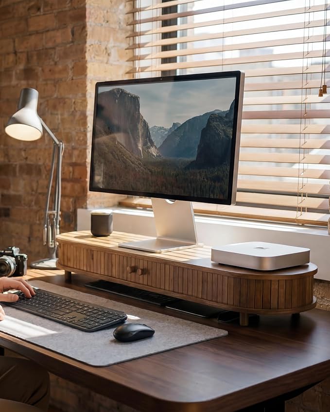 Bamboo Dual Monitor Stand with Storage, Curved Double Computer Laptop Stand Desk Shelf Organizer with Sliding Doors (42 inch) Dark Bamboo