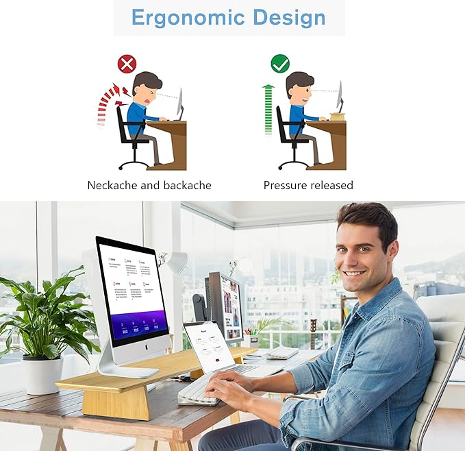 SAMDI Wooden Monitor Stand, Ergonomic Design, Suitable for Laptop, Computer, iMac, Desk with Table (Bamboo)