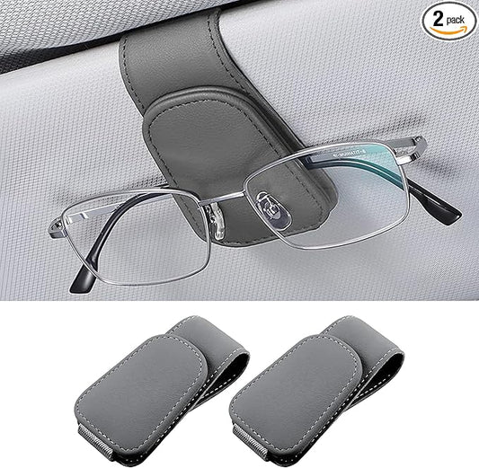 2PCS Sunglasses Holders for Car Sun Visor, Leather Eyeglasses Hanger Mounter, Magnetic Glasses Holder and Ticket Card Clip, Universal Auto Interior Accessories (Gray, 2PCS)