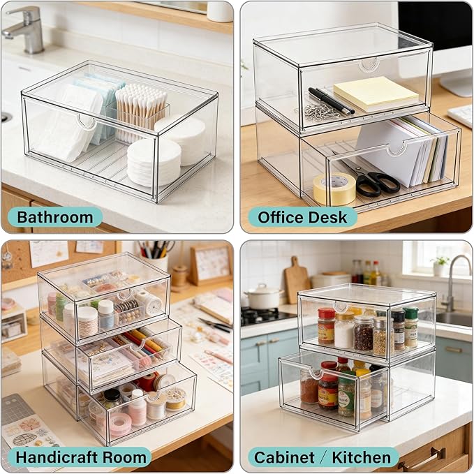 Prsildan Acrylic Makeup Organizer, 2 Pack Stackable Clear Storage Drawers for Baby Bottles Desk Organizers with 2 Drawers for Countertop Vanity Nursery Modular System for Cosmetics Jewelry