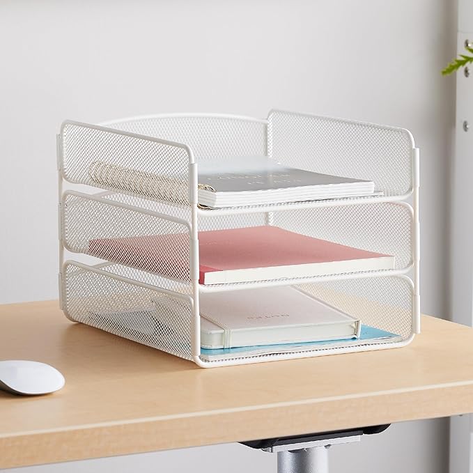 Safco Onyx Desk Organizer, 3 Trays, Office and Classroom Mailbox, Paper and Mail Sorter, Steel Mesh, White