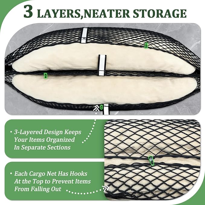 3-Layer Cargo Net for Chevrolet Colorado, GMC Canyon 2023-2026, Zipper Bag Truck Bed Net for Groceries, Heavy Duty Oxford Cargo Organizer Storage Nets with Carabiners