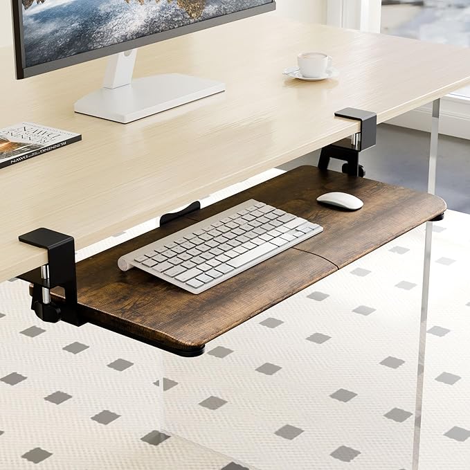 ERGOMAKER Keyboard Tray Under Desk, Pull Out Keyboard Tray with C Clamp Mount, 25.6" (29.7" Including Clamps) x 11.8" Slide-Out Platform Computer Drawer for Typing, Keyboard & Mouse Tray, Rustic Brown
