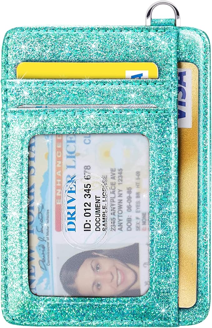 Coco Rossi Slim Front Pocket Wallet RFID ID Card Holder Cute Small Wallet with Keychian for Women,Glitter Teal