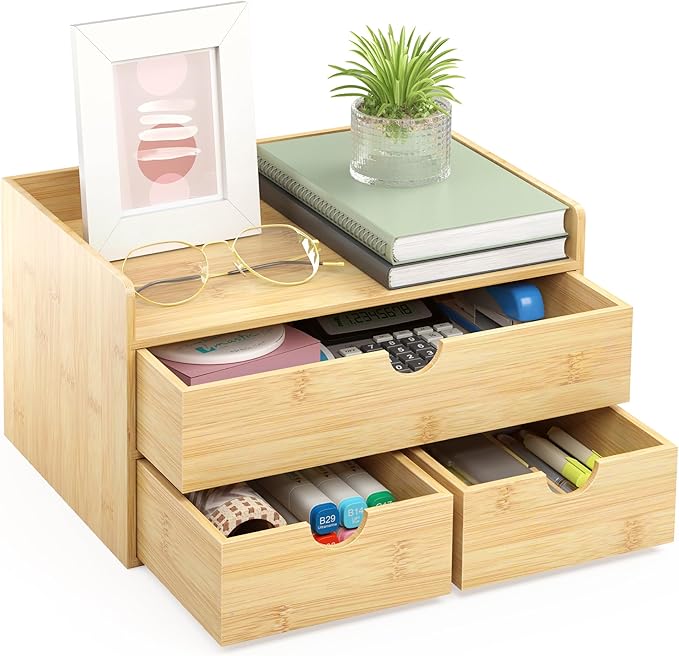 Wisuce Desk Organizer with Drawers - Bamboo Desktop Organizer Storage-Natural Wood Desk Drawers Organizer for Bills, Office Supplies, Cosmetics, Seals No Assembly Required (3 Drawers（top-bottom))