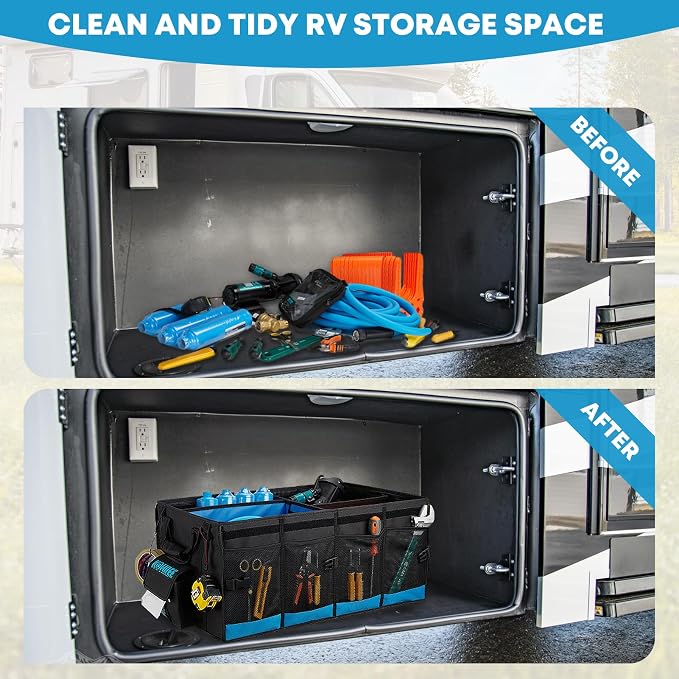 Kohree Car Trunk Organizer, 74L Large-Capacity Foldable RV Storage and Organization, Waterproof Rv Caddy Organizer for RV Accessories, RV Containers Holds RV Stabilization & Electric Accessories