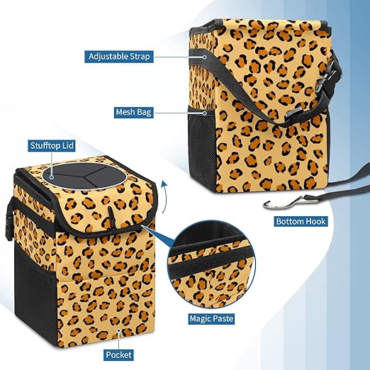 Car Trash Can Leopard Skin Wate-rproof Auto Garbage Bag Car Trash Can with Lid Leak-Proof Car Storage Bag Hanging for Headrest Collapsible and Portable with Storage Mesh Pocket