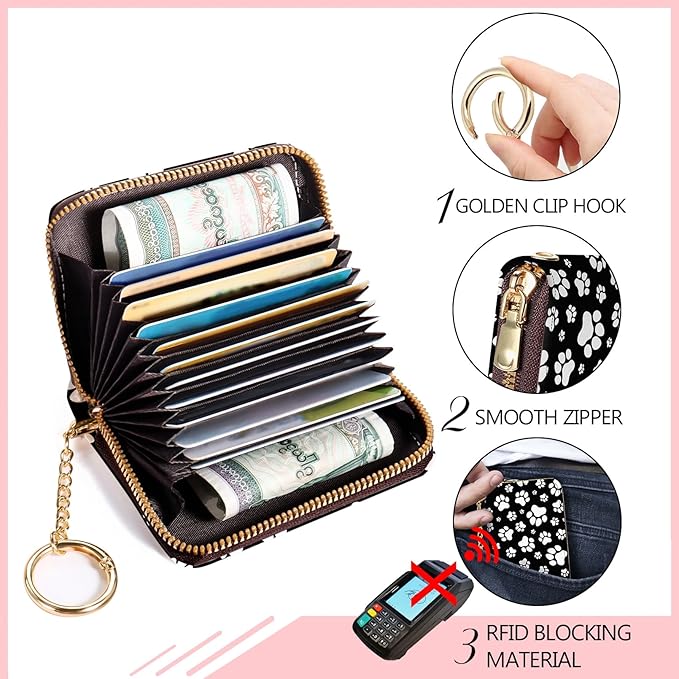 Blusabaca RFID Credit Card Holder Wallets for Women, Small Card Case Wallet with Removable Keychain and Zipper, Leather Card Holder Dog Paw Pocket Business Card Accordion Wallet