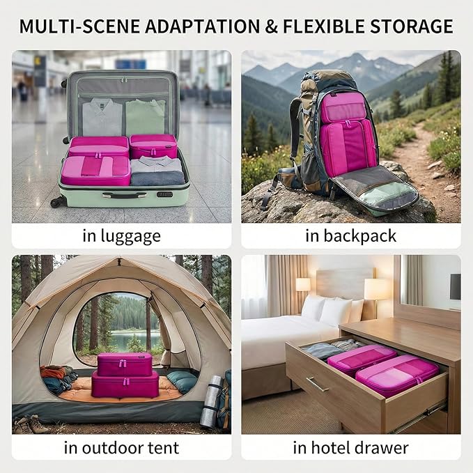 4 Piece Compression Packing Cubes for 3–7 Day Travel, Space Saving Travel Organizers with Breathable Mesh, Double-Zipper Packing Cubes for Carry-On & Suitcases (Red)